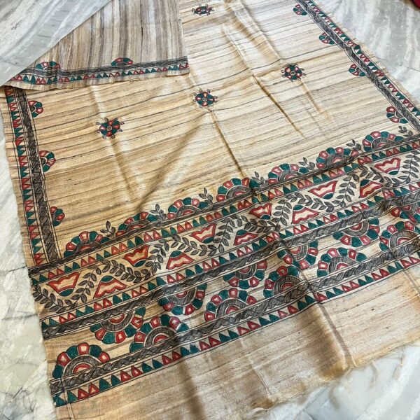 Hand Painting Tussar Ghicha Silk Saree - Image 2