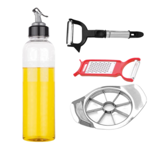 De’ Luce 1 Piece Oil Dispenser, 1 SS Apple Cutter, 1 Peeler & 1 Cheser Combo Pack of 4