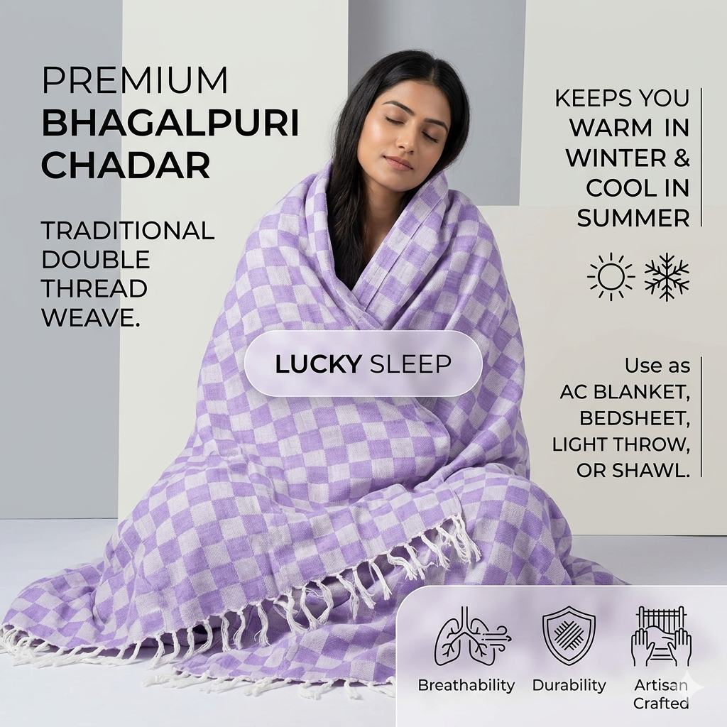 Lucky Sleep® Bhagalpuri Chadar Chekered Large 58X108 inch Purple 6 Lucky Sleep® Bhagalpuri Chadar Chekered Large 58X108 inch Purple - Image 4