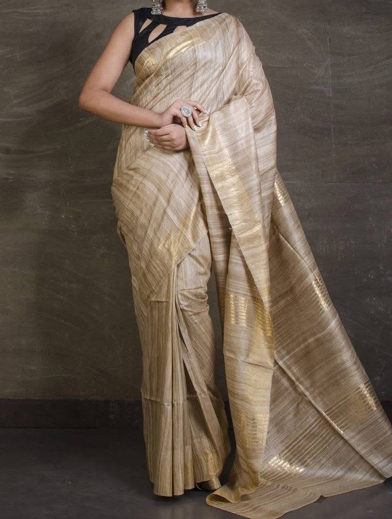 Pure Silk Tussar Ghicha Saree with Woven Zari Border 4 Pure Silk Tussar Ghicha Saree with Woven Zari Border - Image 2