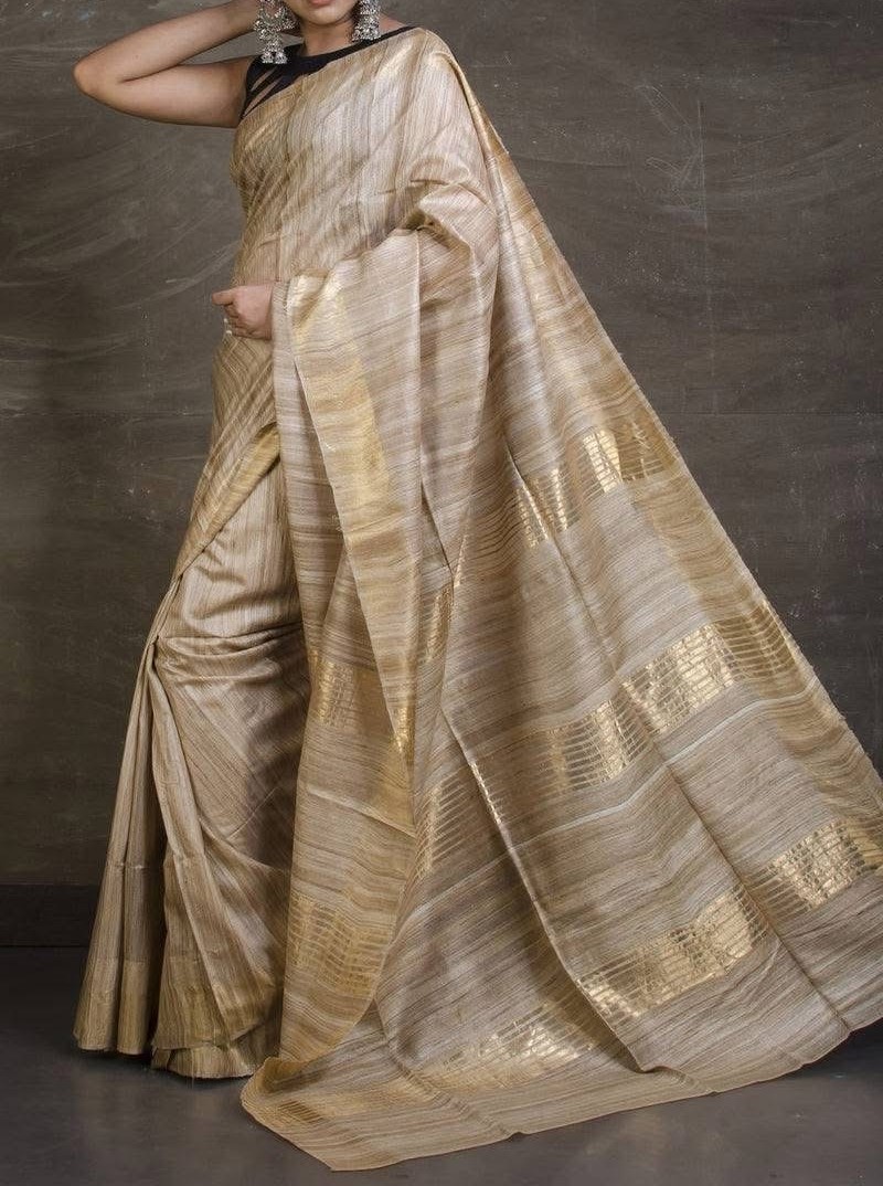 Pure Silk Tussar Ghicha Saree with Woven Zari Border