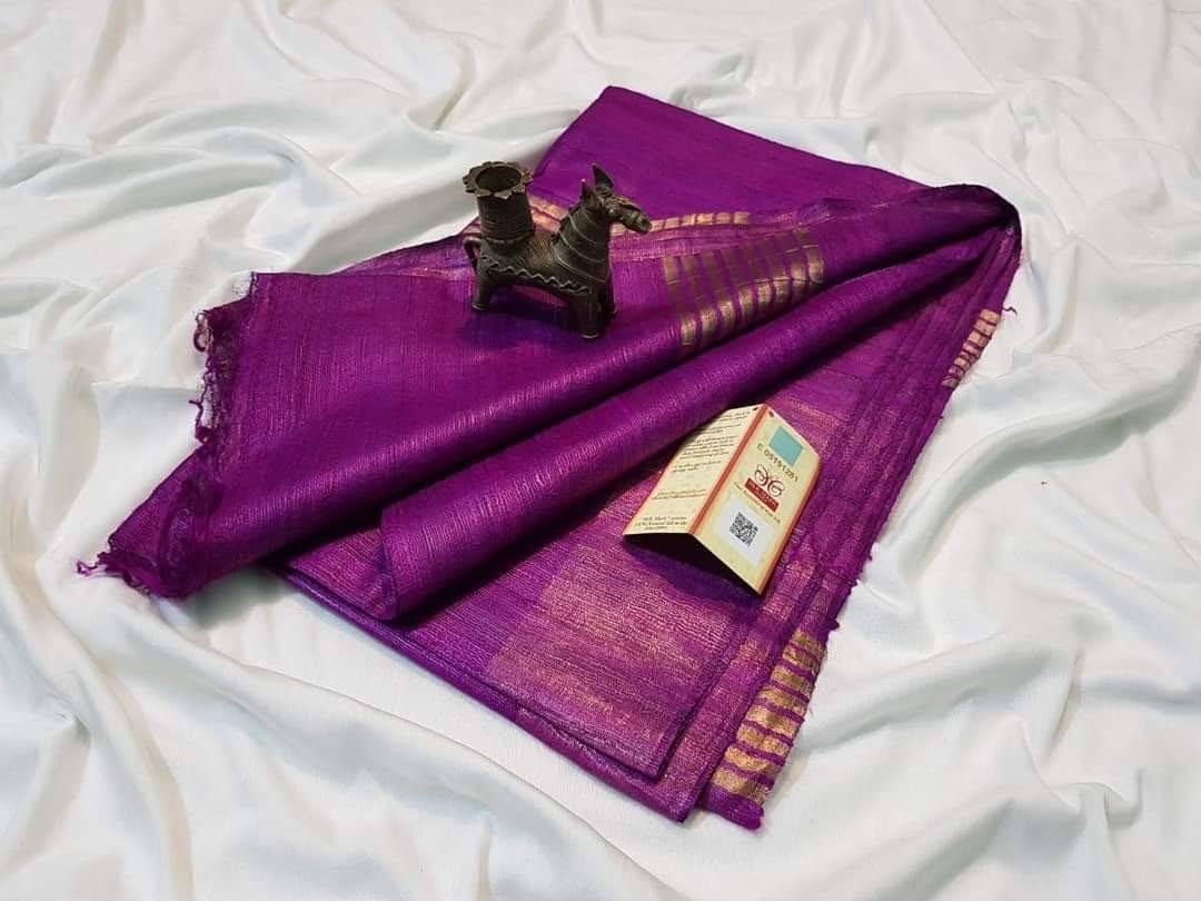 Pure Silk Tussar Ghicha Saree with Woven Zari Border 1 Pure Silk Tussar Ghicha Saree with Woven Zari Border