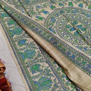 Tussar Ghicha Madhubani HandPainted Full Body Saree Green