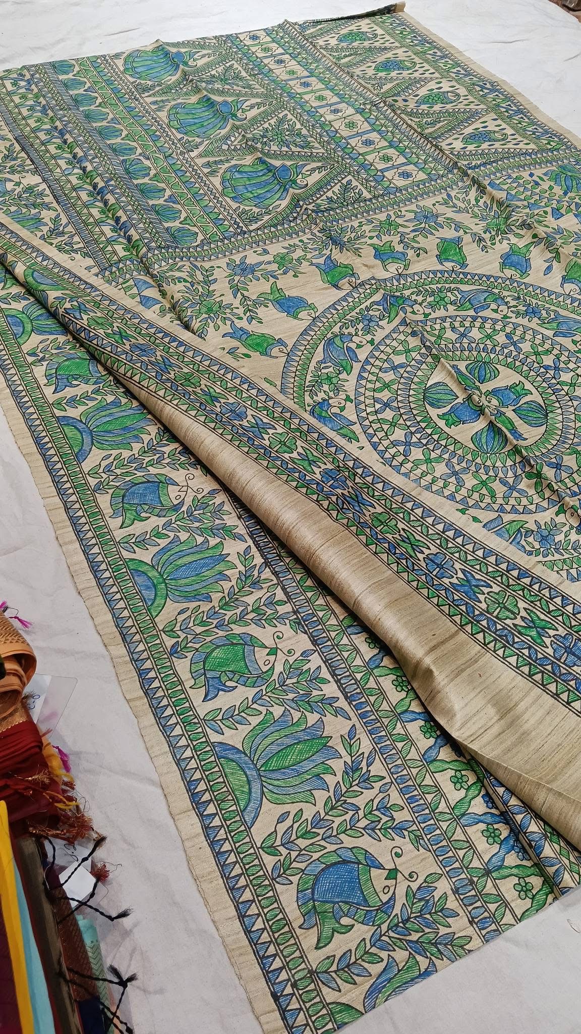Tussar Ghicha Madhubani HandPainted Full Body Saree Green 1 Tussar Ghicha Madhubani HandPainted Full Body Saree Green
