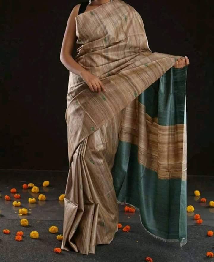 Pure Silk Tussar Ghicha Saree with Woven Zari Border