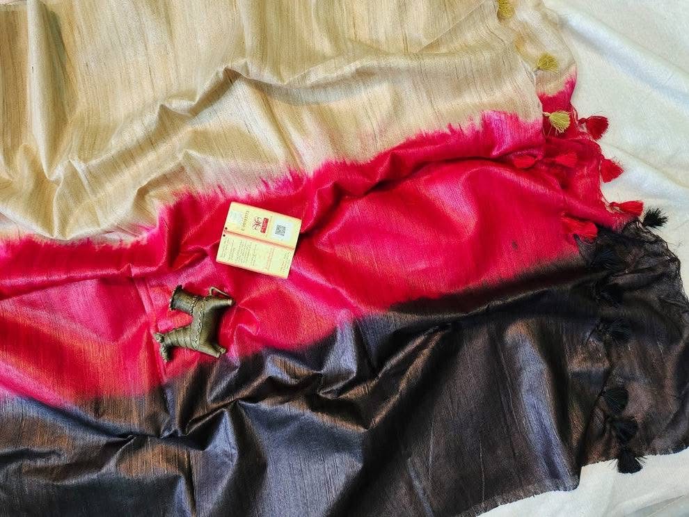 Triple Dye Pure Tussar Ghicha Silk Saree