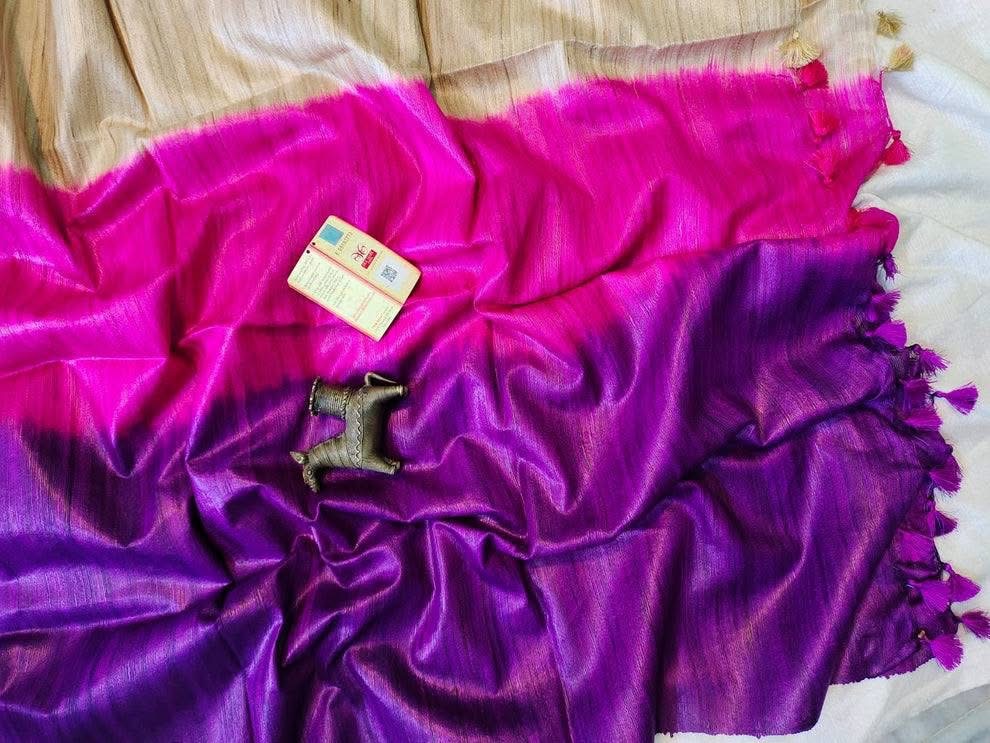 Triple Dye Pure Tussar Ghicha Silk Saree