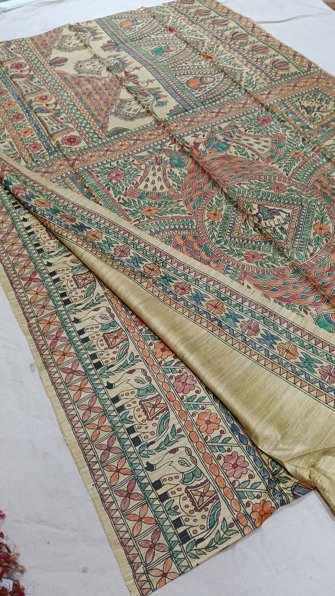 Tussar Ghicha Madhubani HandPainted Full Body Saree 1 Tussar Ghicha Madhubani HandPainted Full Body Saree