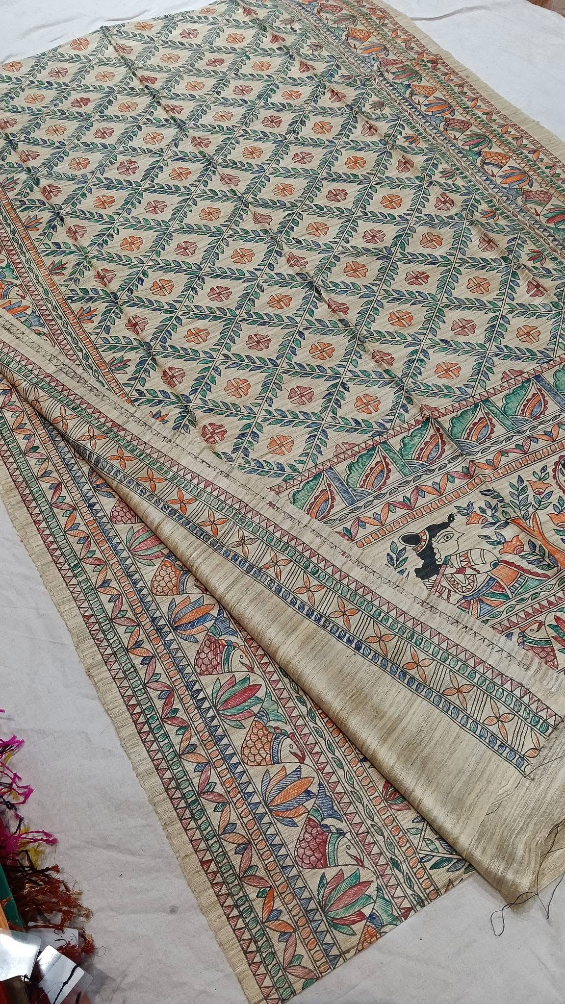 Tussar Ghicha Madhubani HandPainted Full Body Saree 3 Tussar Ghicha Madhubani HandPainted Full Body Saree