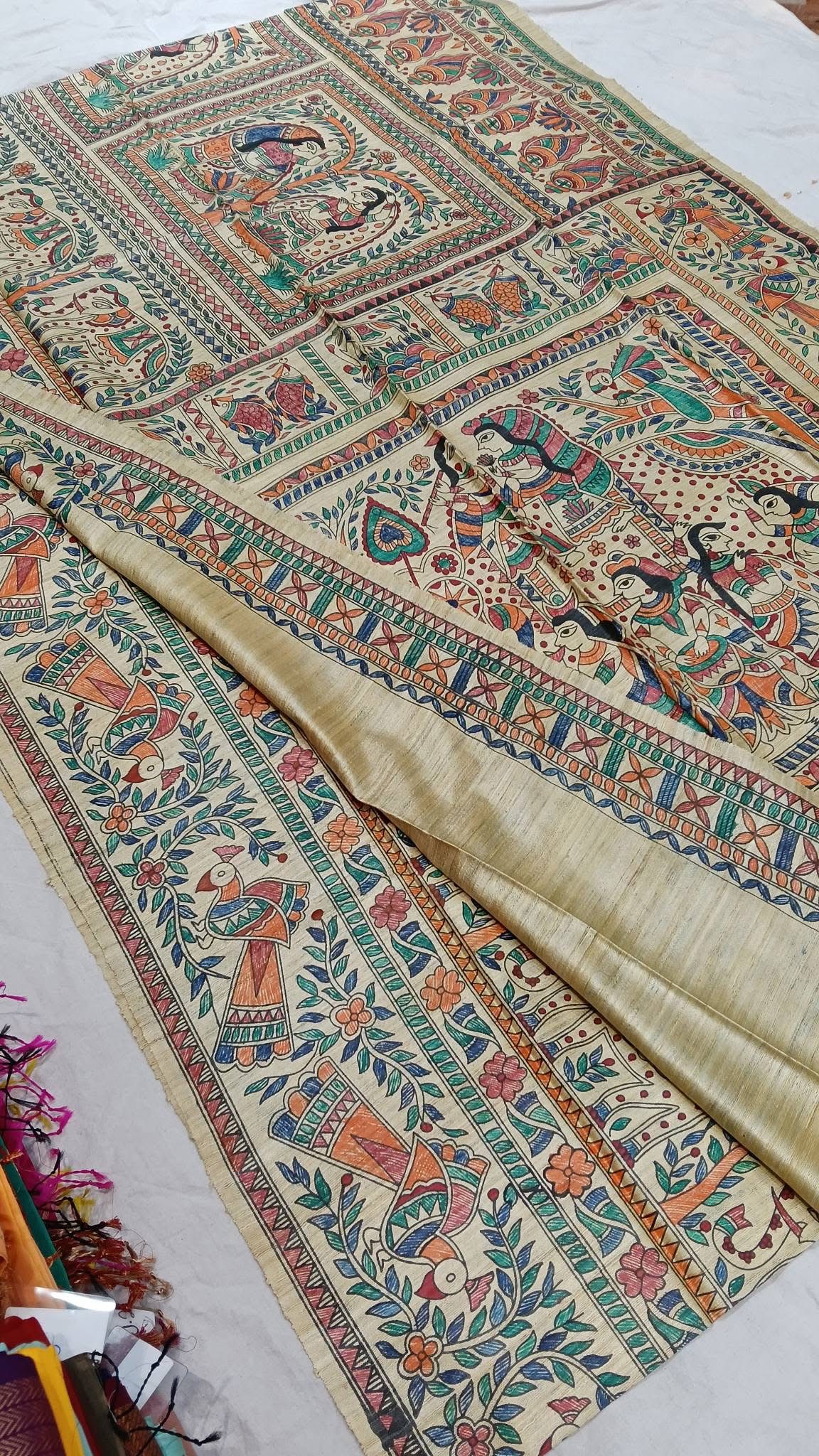 Tussar Ghicha Madhubani HandPainted Full Body Saree 1 Tussar Ghicha Madhubani HandPainted Full Body Saree