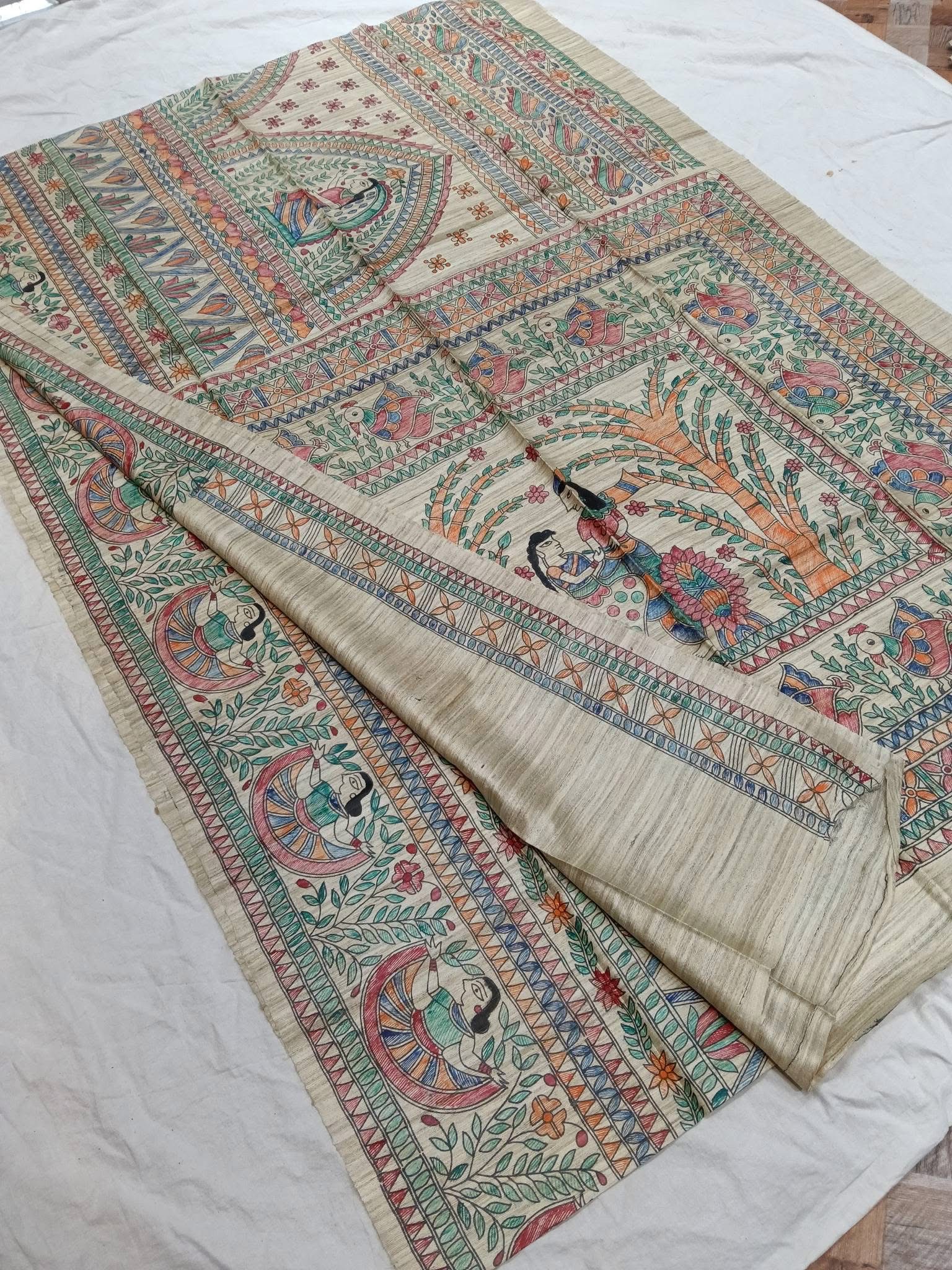 Tussar Ghicha Madhubani HandPainted Full Body Saree 2 Tussar Ghicha Madhubani HandPainted Full Body Saree
