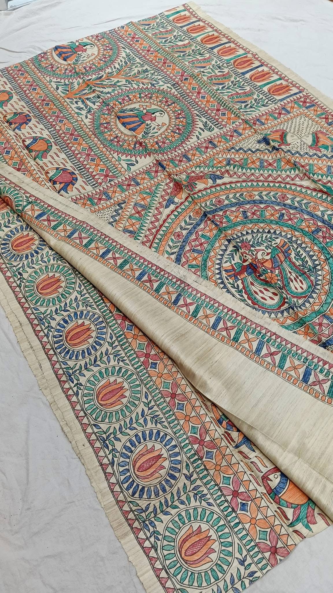 Tussar Ghicha Madhubani HandPainted Full Body Saree 2 Tussar Ghicha Madhubani HandPainted Full Body Saree