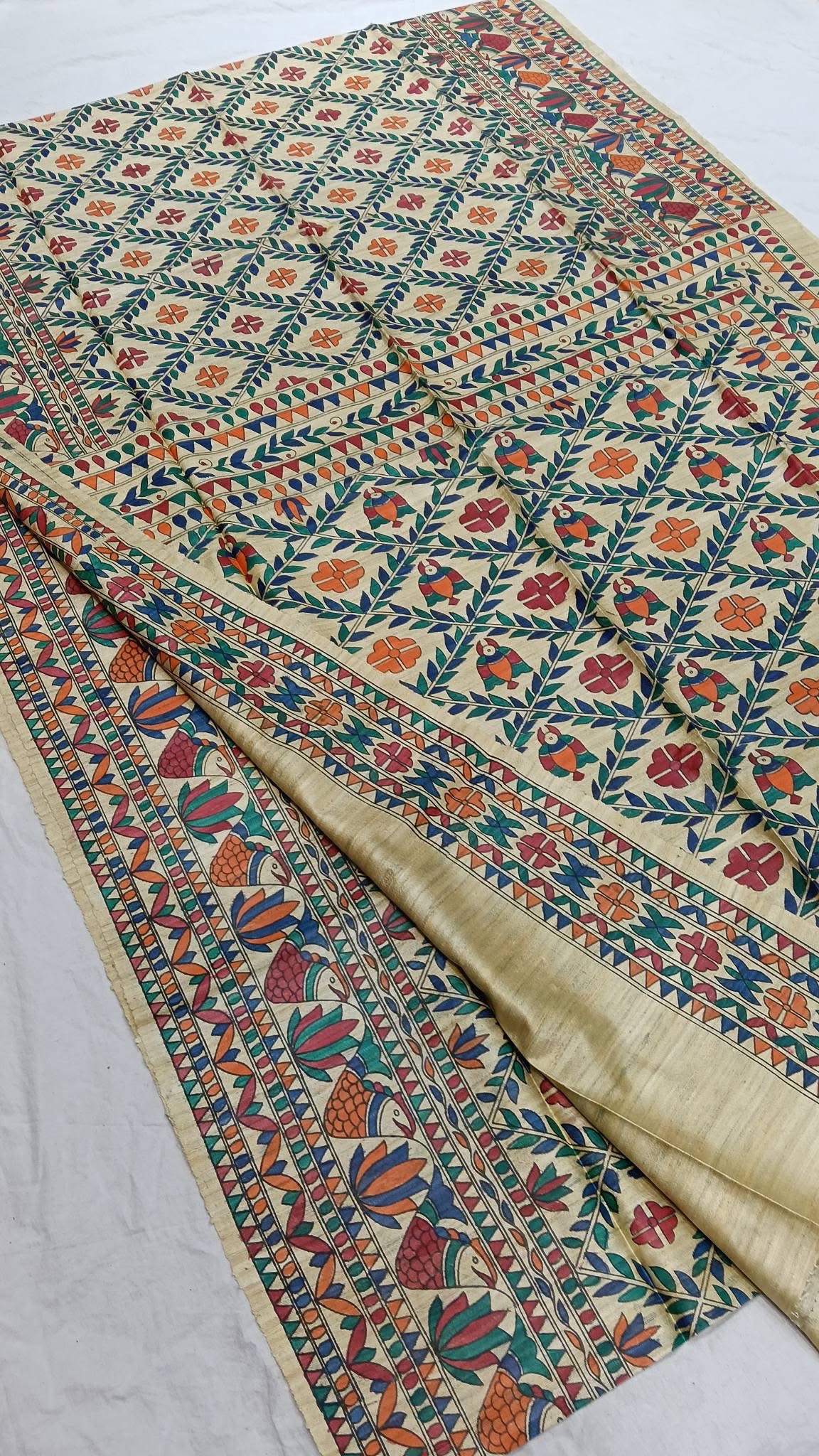 Tussar Ghicha Madhubani HandPainted Full Body Saree 2 Tussar Ghicha Madhubani HandPainted Full Body Saree