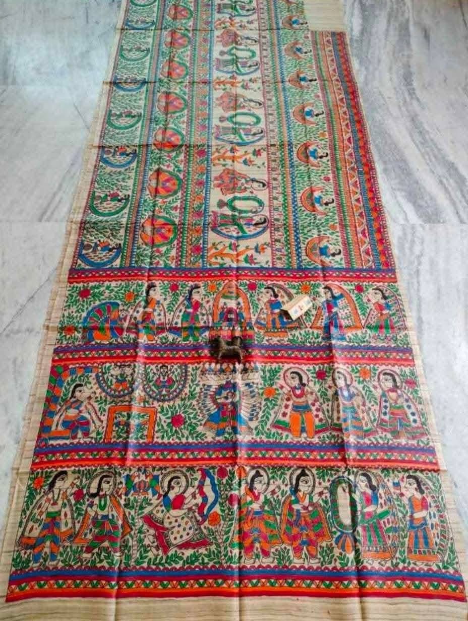 Tussar Ghicha Madhubani HandPainted Full Body Saree 1 Tussar Ghicha Madhubani HandPainted Full Body Saree
