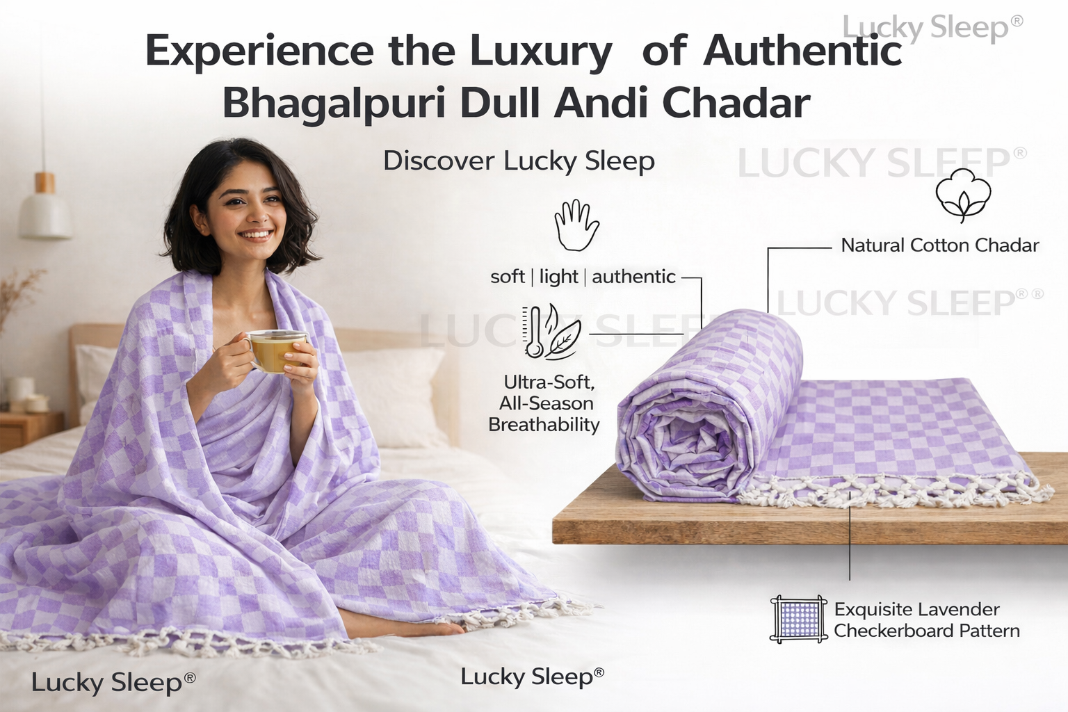 Lucky Sleep® Bhagalpuri Chadar Chekered 52X96 inch Purple