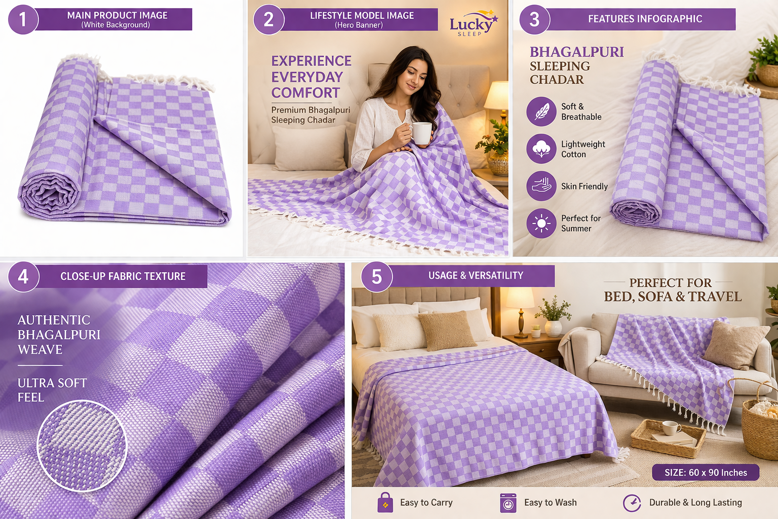 Lucky Sleep® Bhagalpuri Chadar Chekered Large 58X108 inch Purple 10 Lucky Sleep® Bhagalpuri Chadar Chekered Large 58X108 inch Purple