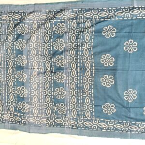 Pure Cotton Hand Block Batik Print Saree With Blouse Pcs-Blue