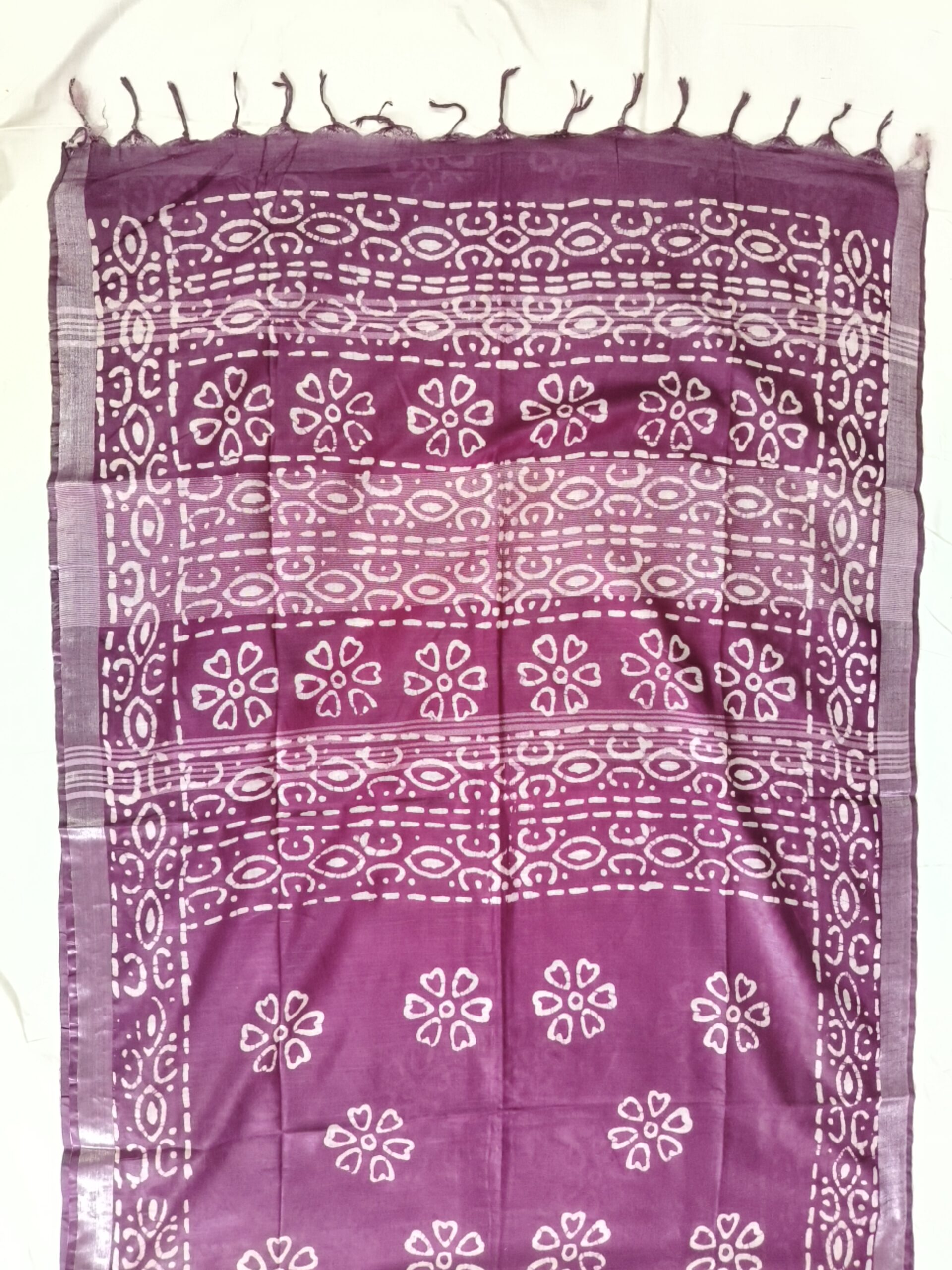 Pure Cotton Hand Block Batik Print Saree With Blouse Pcs-Wine