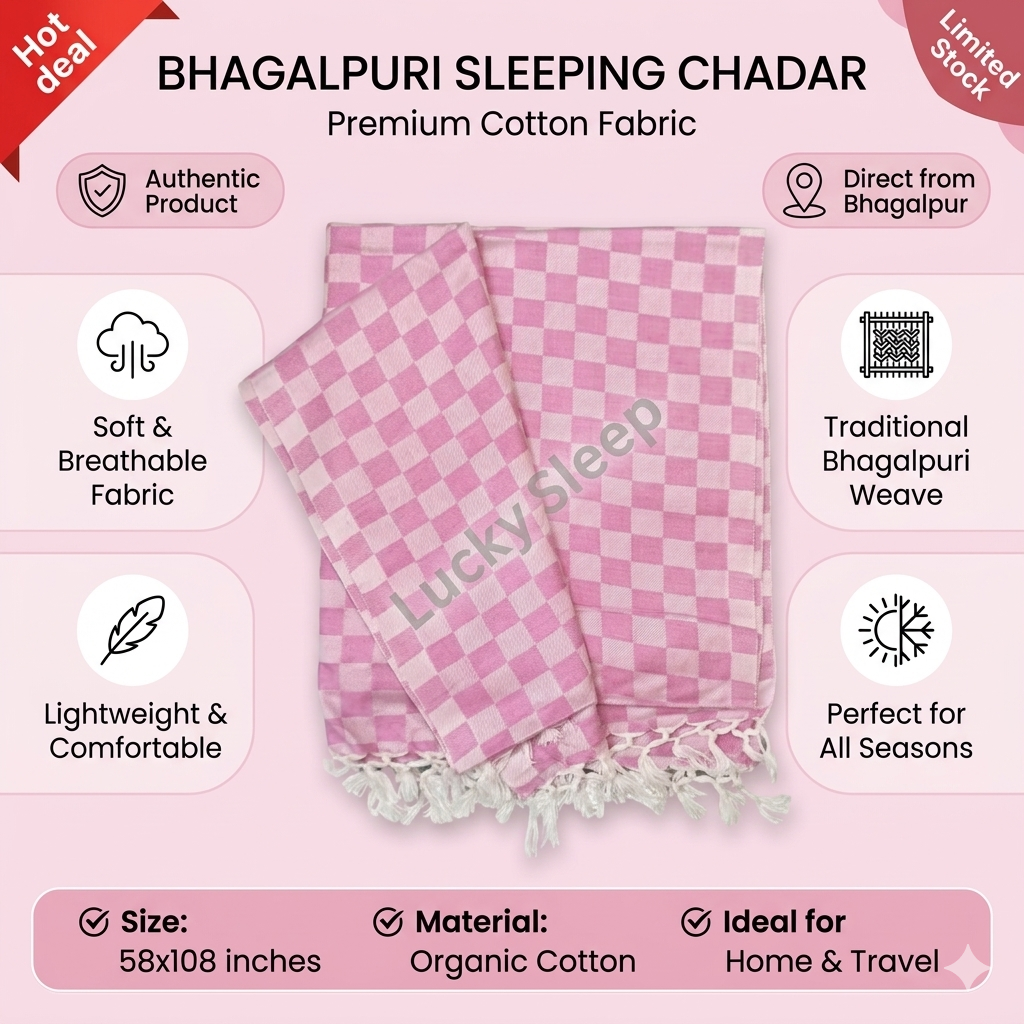Lucky Sleep® Bhagalpuri Chadar Chekered Large 58X108 inch Pink 1 Lucky Sleep Bhagalpuri Chadar Chekered Large 58X108 inch Pink