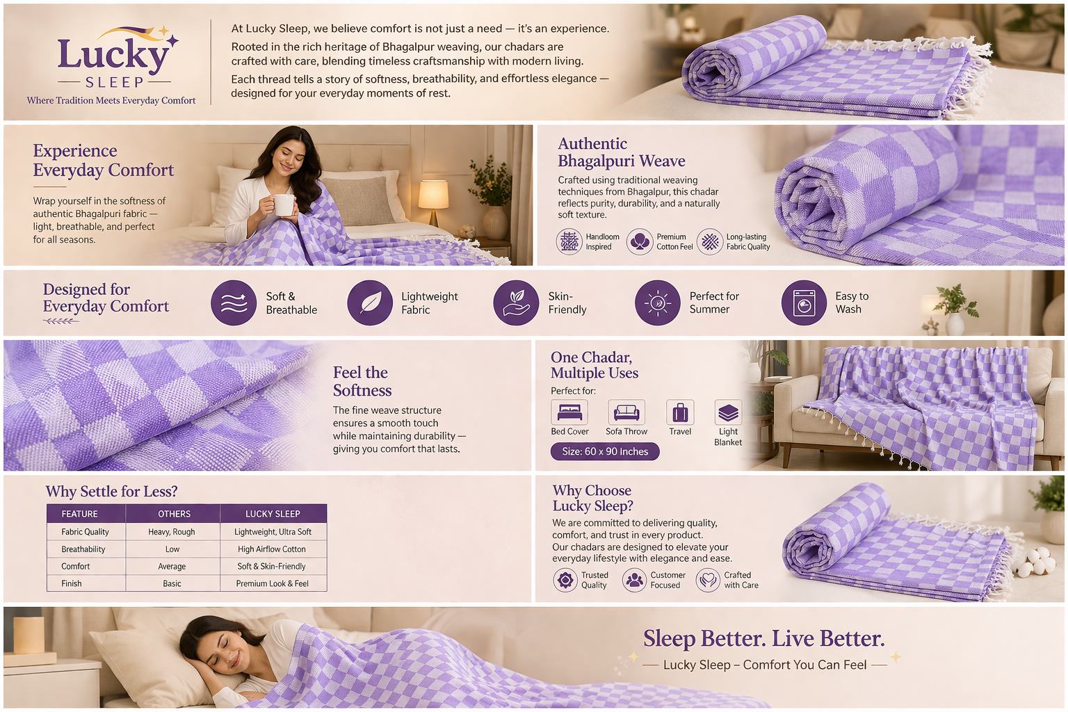 Lucky Sleep® Bhagalpuri Chadar Chekered Large 58X108 inch Purple 8 Lucky Sleep® Bhagalpuri Chadar Chekered Large 58X108 inch Purple