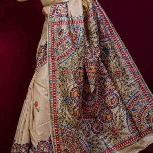 Pure Desi Tussar Silk Handloom Saree – Madhubani Hand-Painted Anchal & Border