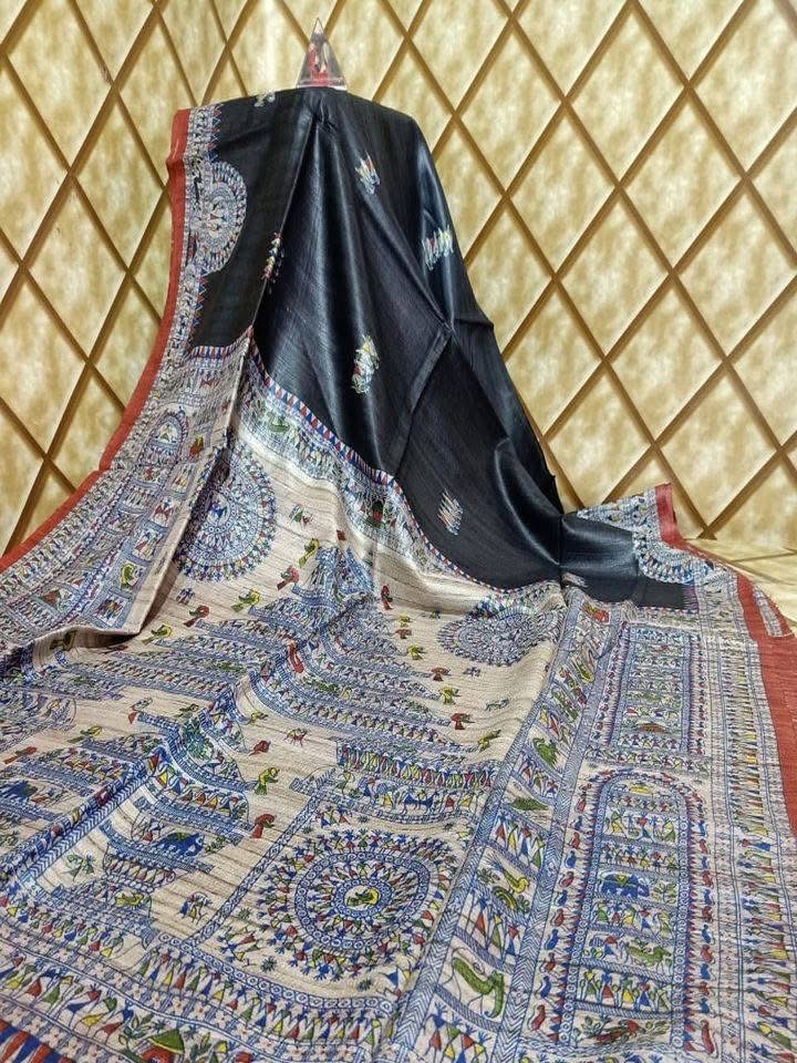 Handloom Tussar Ghicha Silk Saree with Traditional Screen Prints