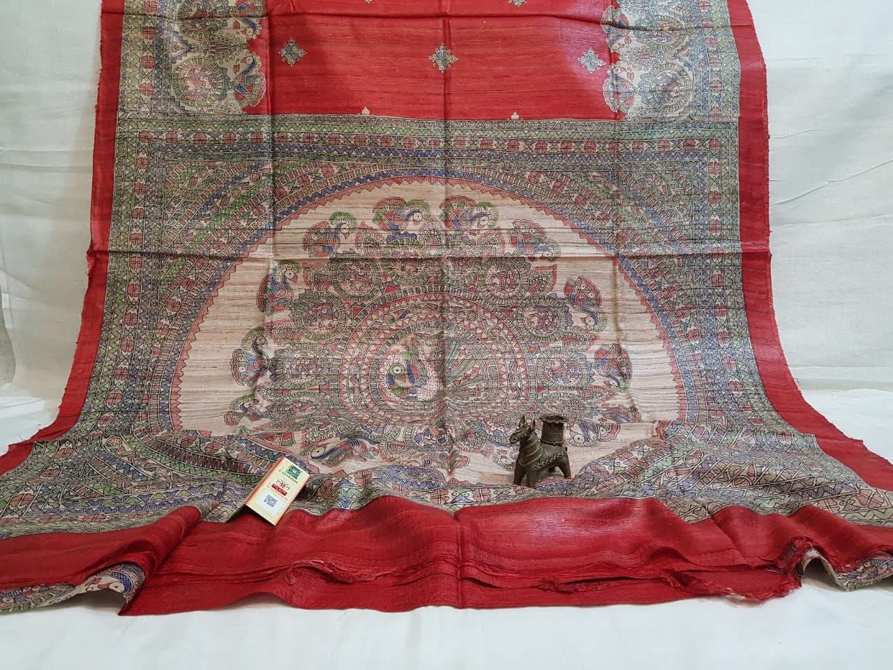 Handloom Tussar Ghicha Silk Saree with Traditional Screen Prints