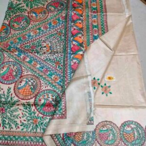 Handloom Pure Desi Tussar Silk Saree – Madhubani Hand-Painted Anchal & Border