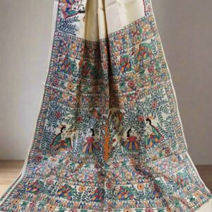 Handloom Pure Desi Tussar Silk Saree – Madhubani Hand-Painted Anchal & Border