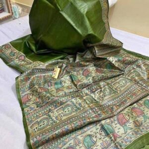 Handloom Pure Desi Tussar Silk Saree – Madhubani Hand-Painted Anchal & Border