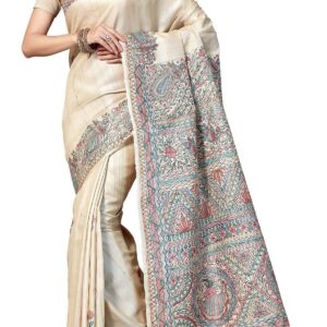 Handloom Pure Desi Tussar Silk Saree – Madhubani Hand-Painted Anchal & Border