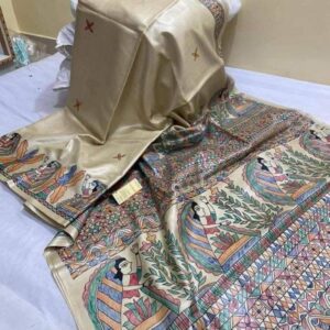 Handloom Pure Desi Tussar Silk Saree – Madhubani Hand-Painted Anchal & Border