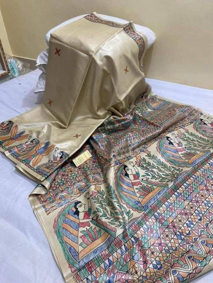 Handloom Pure Desi Tussar Silk Saree – Madhubani Hand-Painted Anchal & Border
