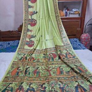 Handloom Pure Desi Tussar Silk Saree – Madhubani Hand-Painted Anchal & Border