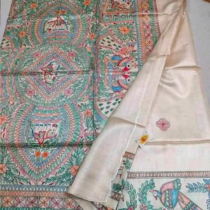 Handloom Pure Desi Tussar Silk Saree – Madhubani Hand-Painted Anchal & Border