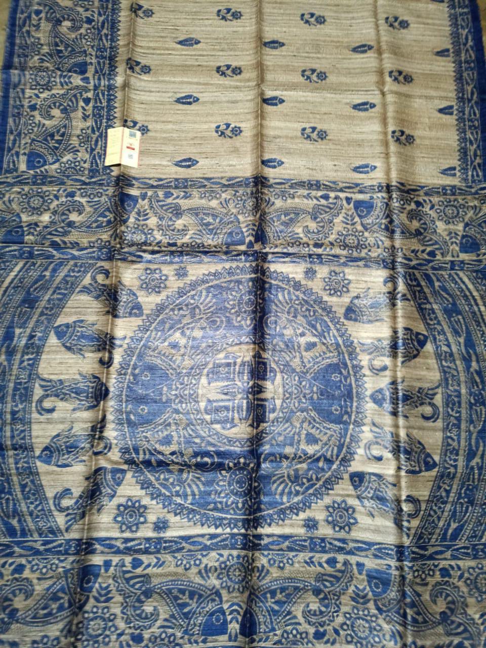Handloom Tussar Ghicha Silk Saree with Traditional Screen Prints