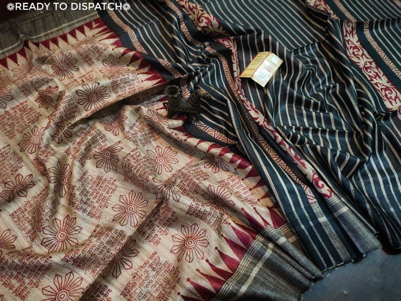 Handloom Tussar Ghicha Silk Saree with Traditional Screen Prints 3 Handloom Tussar Ghicha Silk Saree with Traditional Screen Prints