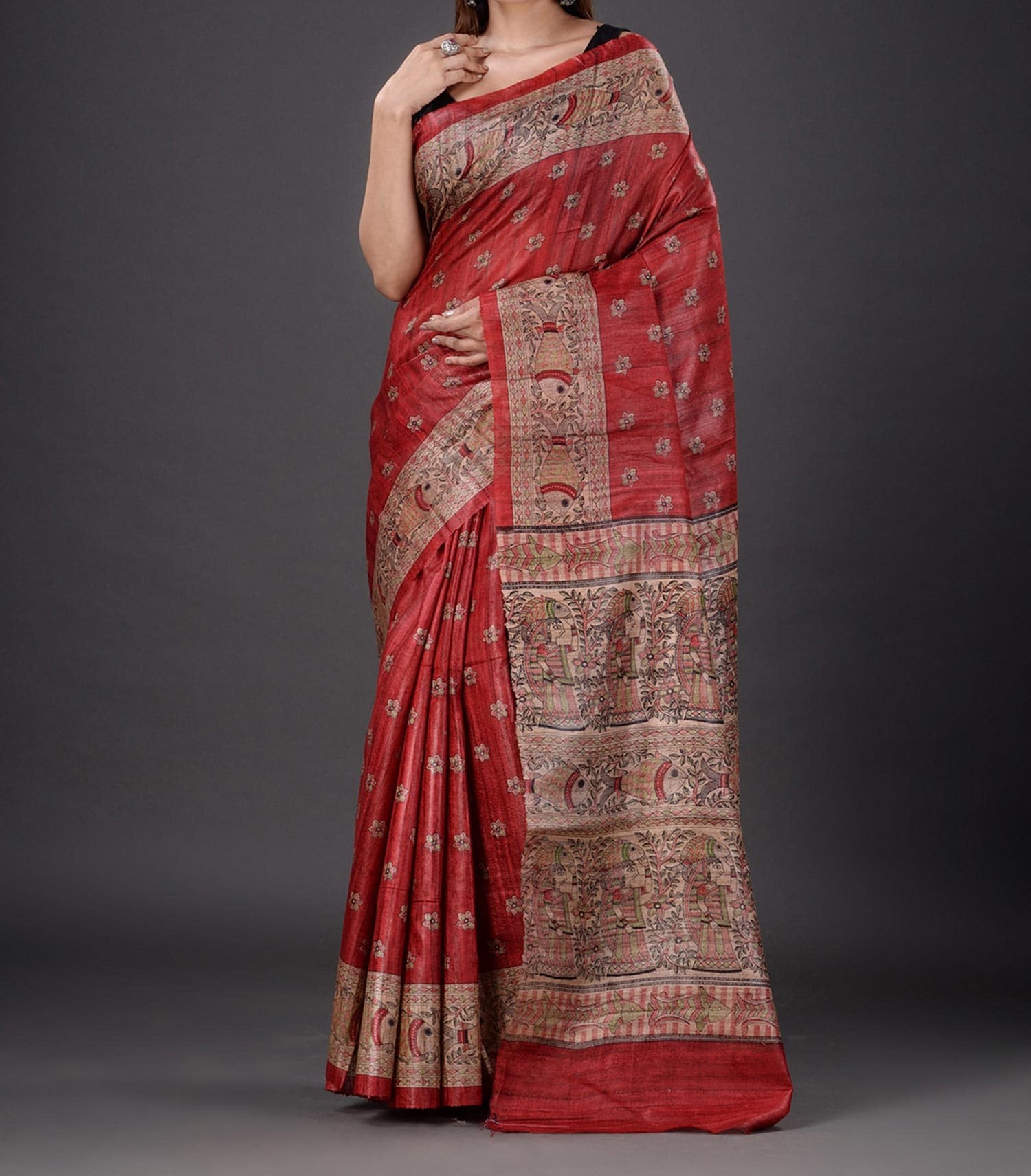Handloom Tussar Ghicha Silk Saree with Traditional Screen Prints