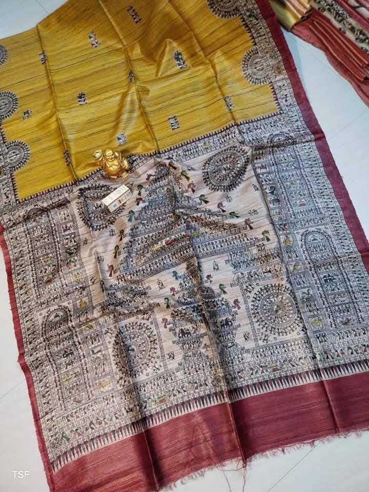 Handloom Tussar Ghicha Silk Saree with Traditional Screen Prints