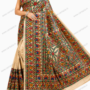 Pure Tussar Ghicha Silk Saree with Half Body Handpainted Madhubani Art 014
