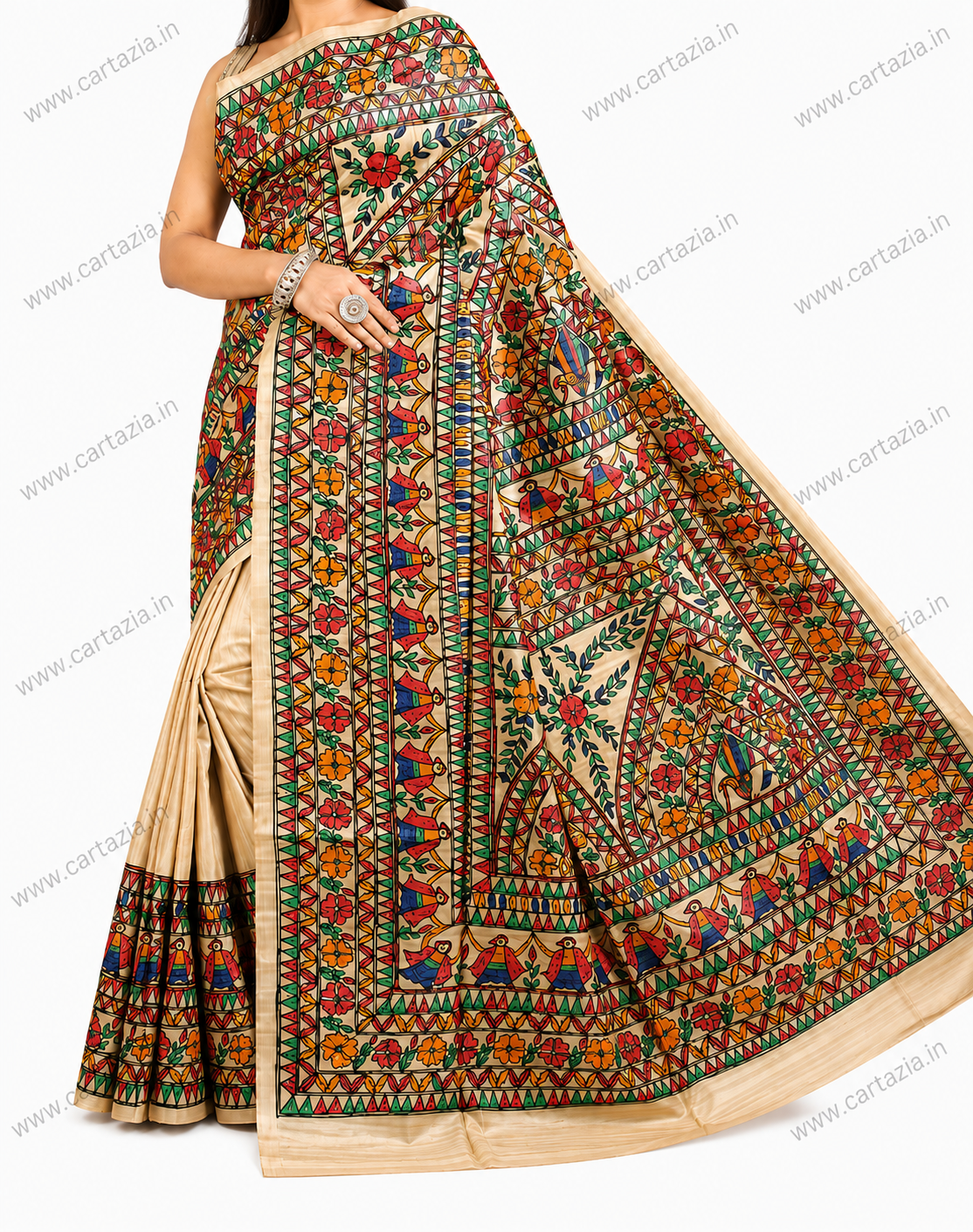 Pure Tussar Ghicha Silk Saree with Half Body Handpainted Madhubani Art 014 1 pure-tussar-ghicha-silk-saree-madhubani