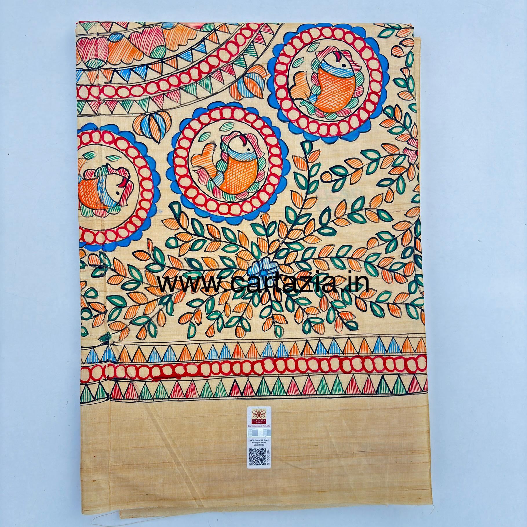 Pure Desi Tussar Silk Handloom Saree – Madhubani Hand-Painted Anchal & Border Art 18