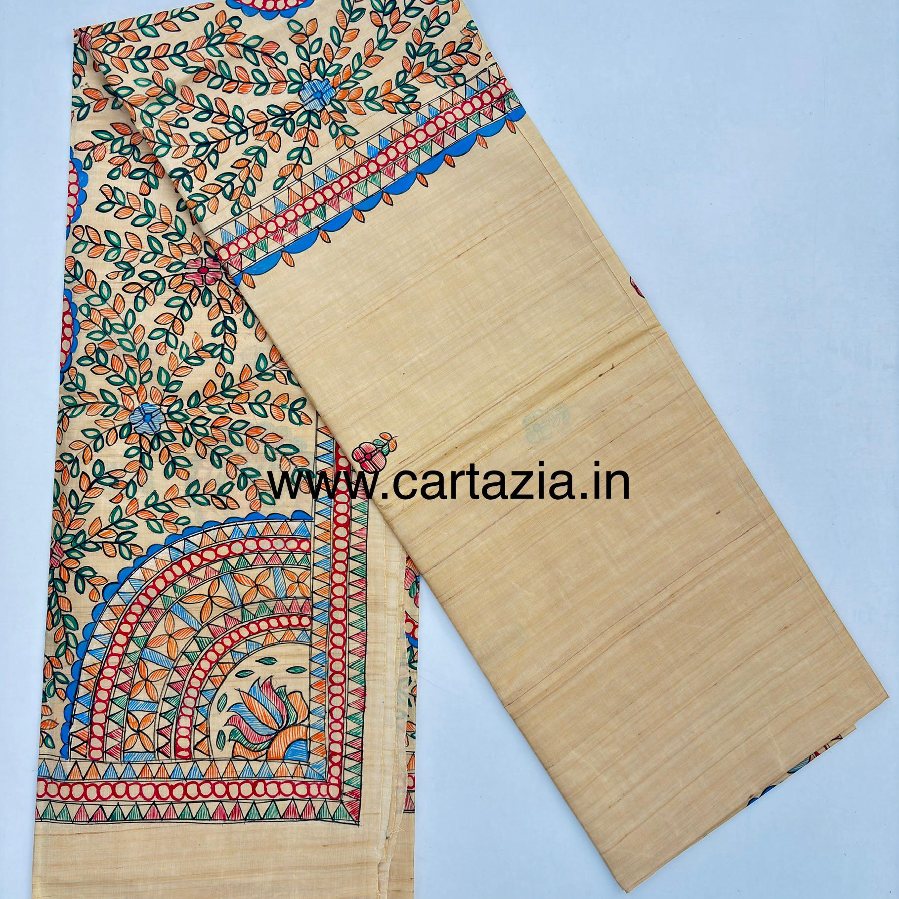 Pure Desi Tussar Silk Handloom Saree – Madhubani Hand-Painted Anchal & Border Art 18 6 Pure Desi Tussar Silk Handloom Saree – Madhubani Hand-Painted Anchal & Border Art 18 - Image 4