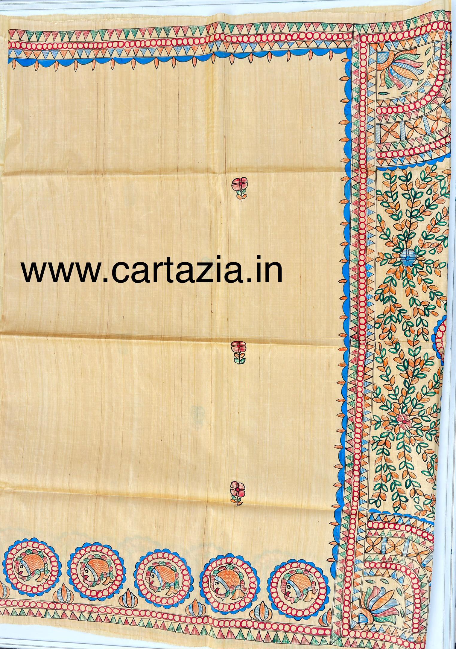 Pure Desi Tussar Silk Handloom Saree – Madhubani Hand-Painted Anchal & Border Art 18 8 Pure Desi Tussar Silk Handloom Saree – Madhubani Hand-Painted Anchal & Border Art 18 - Image 6