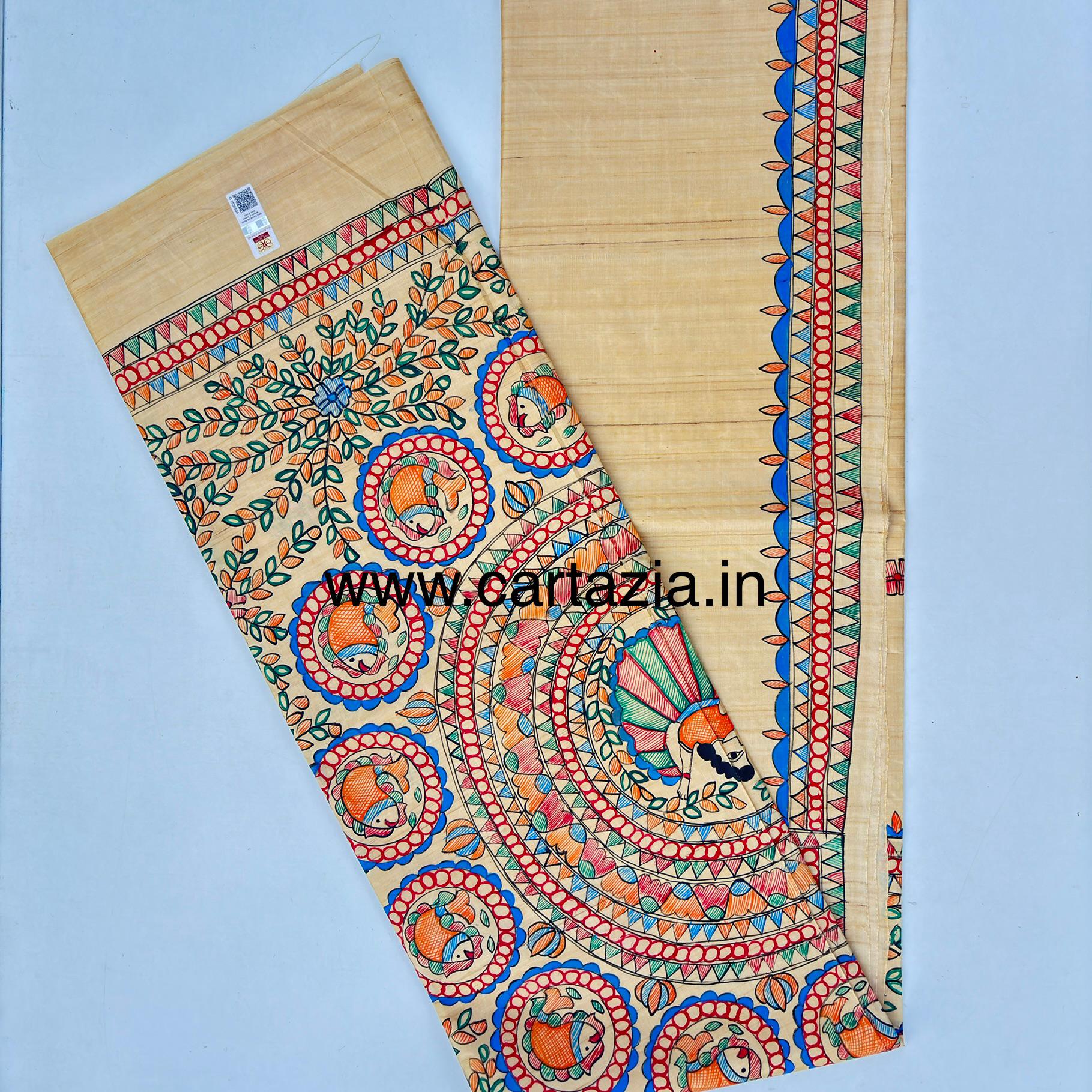 Pure Desi Tussar Silk Handloom Saree – Madhubani Hand-Painted Anchal & Border Art 18 7 Pure Desi Tussar Silk Handloom Saree – Madhubani Hand-Painted Anchal & Border Art 18 - Image 5