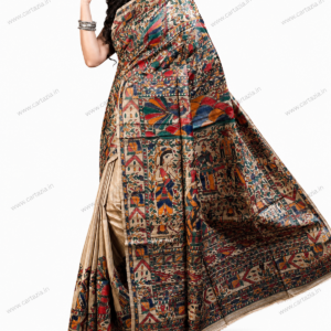 Half body Madhubani handpainted pure Tussar Ghicha silk saree close up design