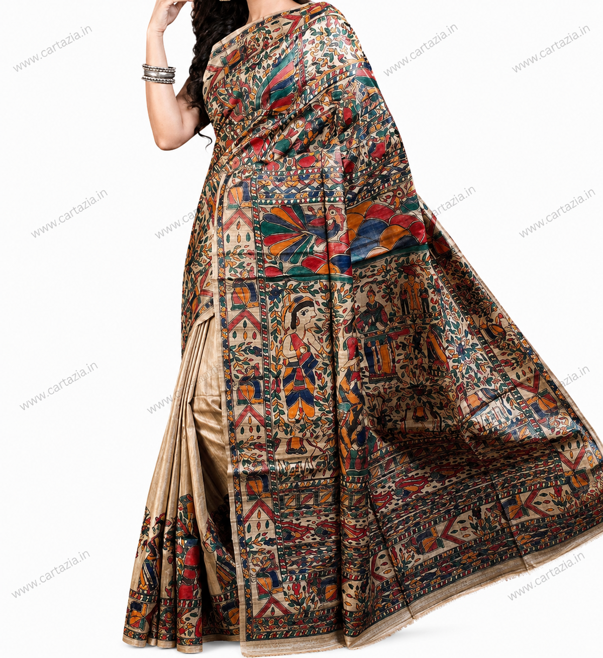 Half body Madhubani handpainted pure Tussar Ghicha silk saree close up design