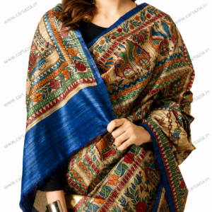 Pure Tussar Ghicha Silk Saree with Half Body Handpainted Madhubani Art 015