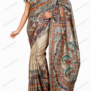 Pure Tussar Ghicha Silk Saree with Half Body Handpainted Madhubani Art 007