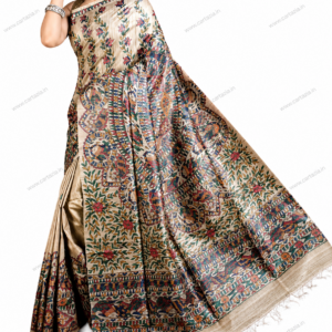 Pure Tussar Ghicha Silk Saree with Half Body Handpainted Madhubani Art 003
